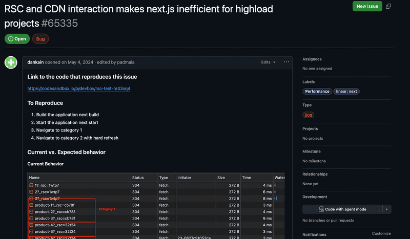 RSC and CDN interaction makes next.js inefficient for highload projects - GitHub Issue #65335